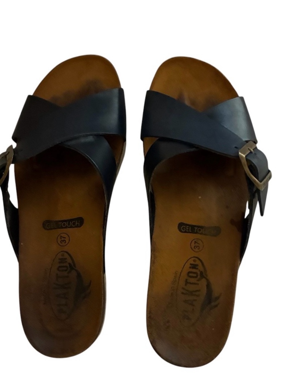 Plakton Baker Navy Gel Touch Slide Sandals Cross-Strap Sandals with Buckle Sz 37